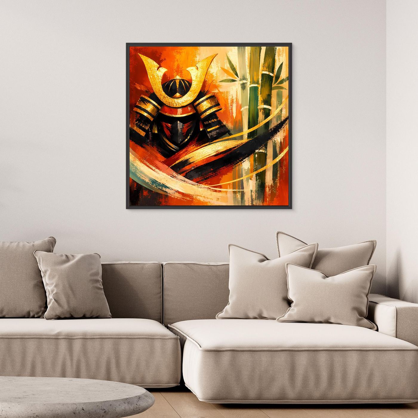 Gerahmtes Leinwand-Wandbild mit Samurai-Motiv und Bambus, kräftige Orange- und Grüntöne