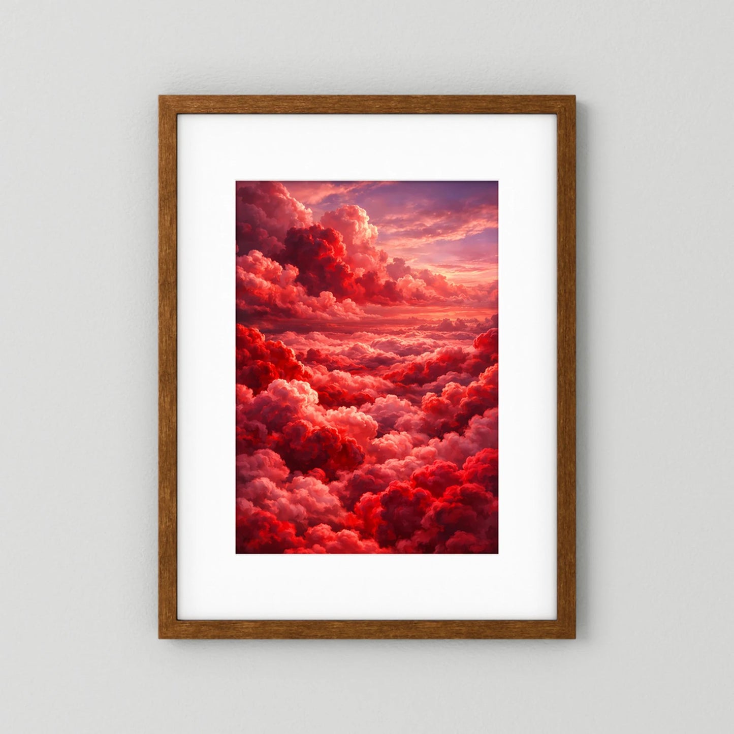 Kunstposter Hochformat mit dunklem Holzrahmen und weißem Passepartout, rote Wolken