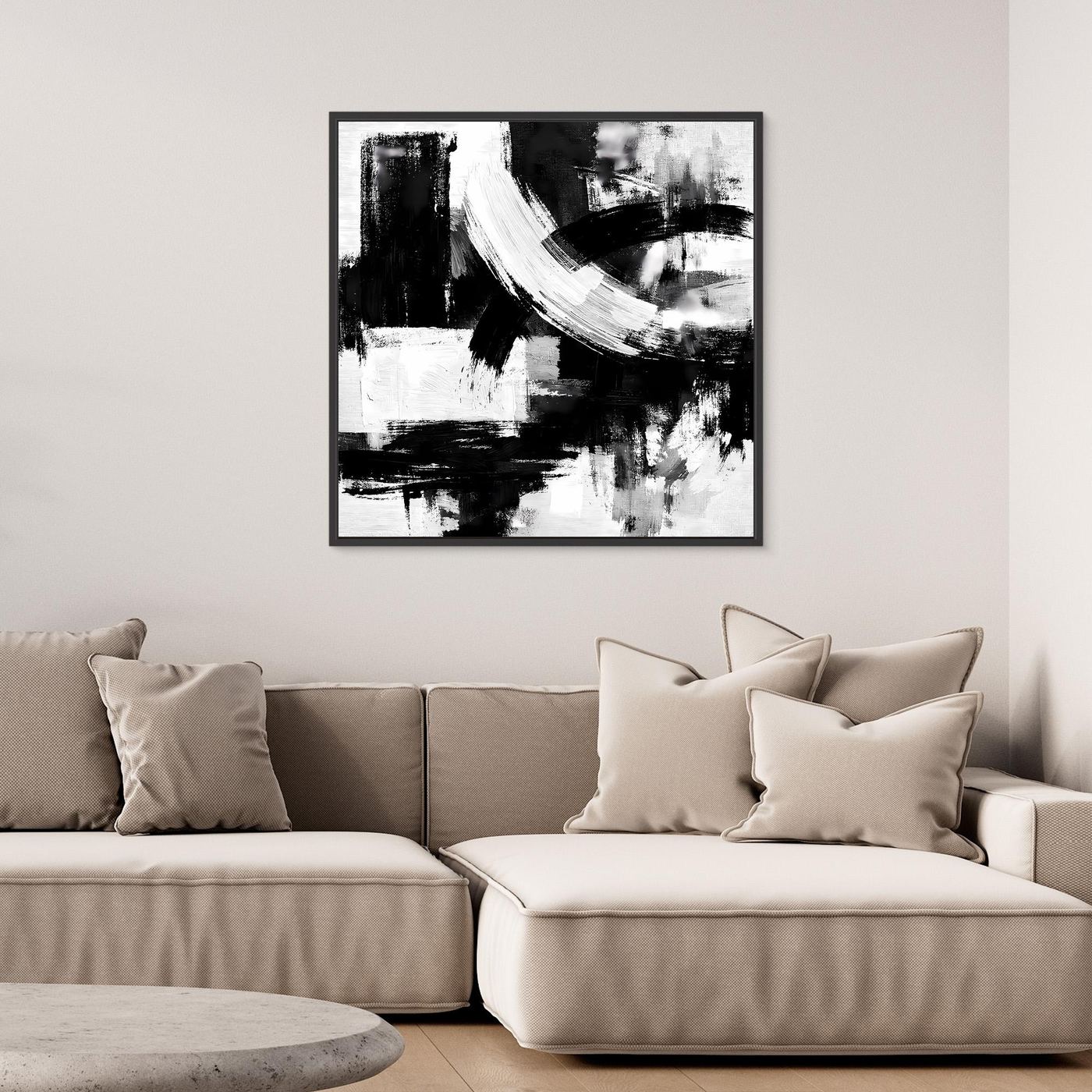Abstract canvas wall art with black-and-white brushstrokes in square layout, black frame