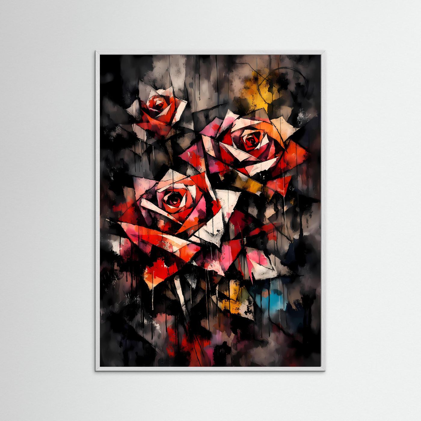 Ewige Eleganz | Abstraktes Rote Rosen Poster im geometrischen Kubismus-Stil | Modernes Blumen Kunstposter Hochformat