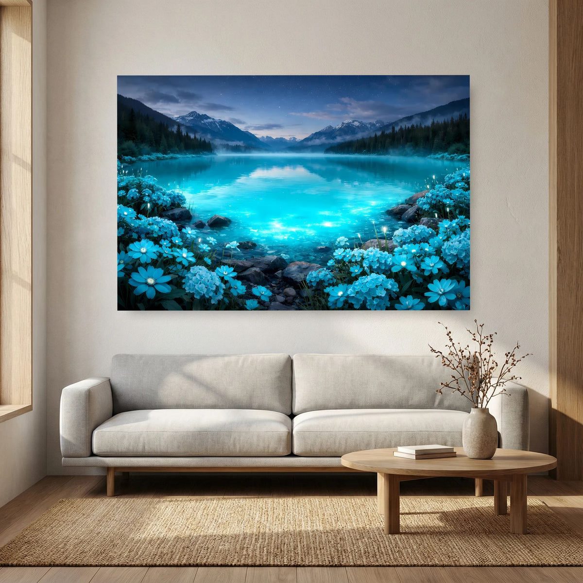Querformat-Wandbild mit leuchtend türkisfarbenem See, Bergen und blauen Blüten am Ufer