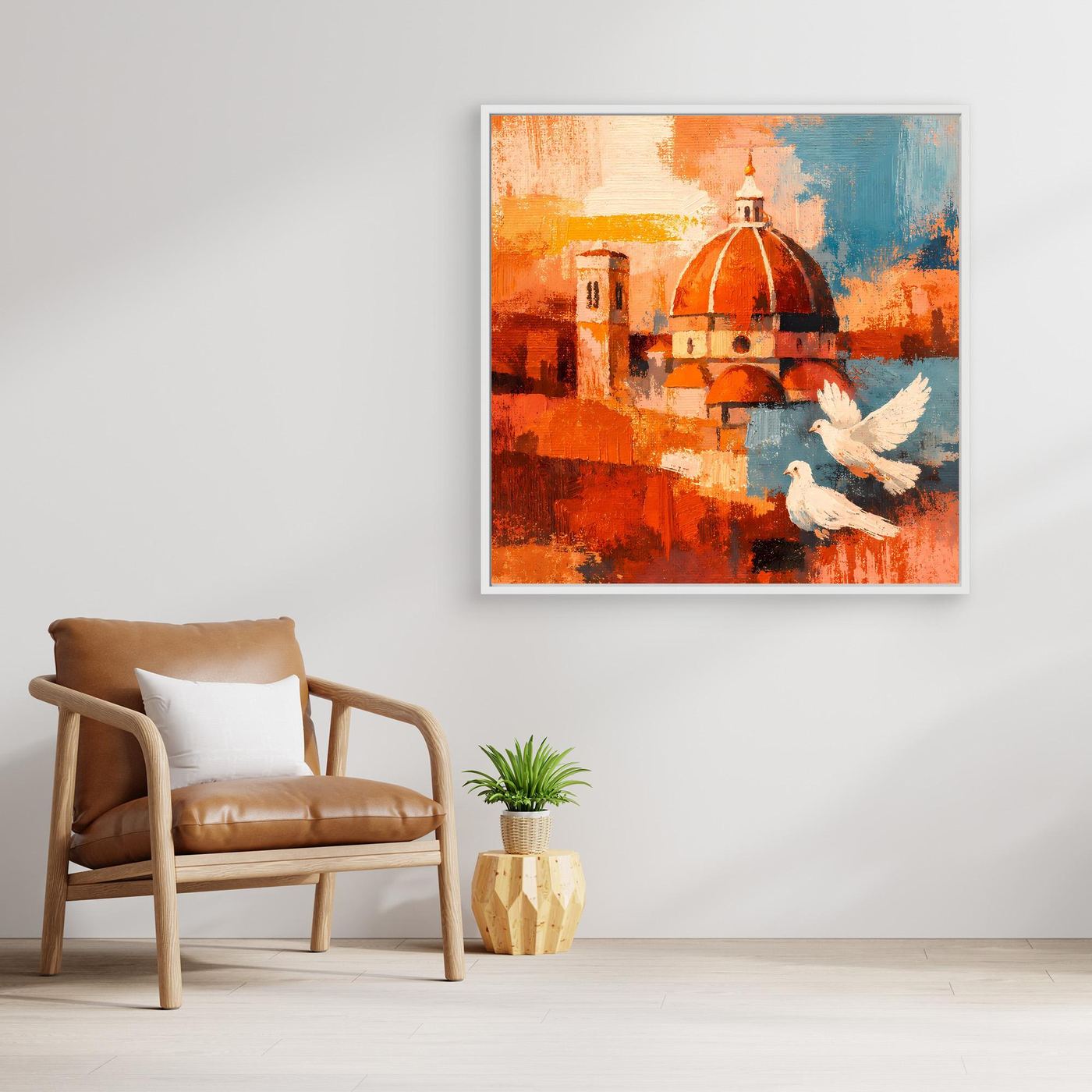 Gerahmtes abstraktes Leinwand-Wandbild: orange Kuppelgebäude mit weißen Tauben