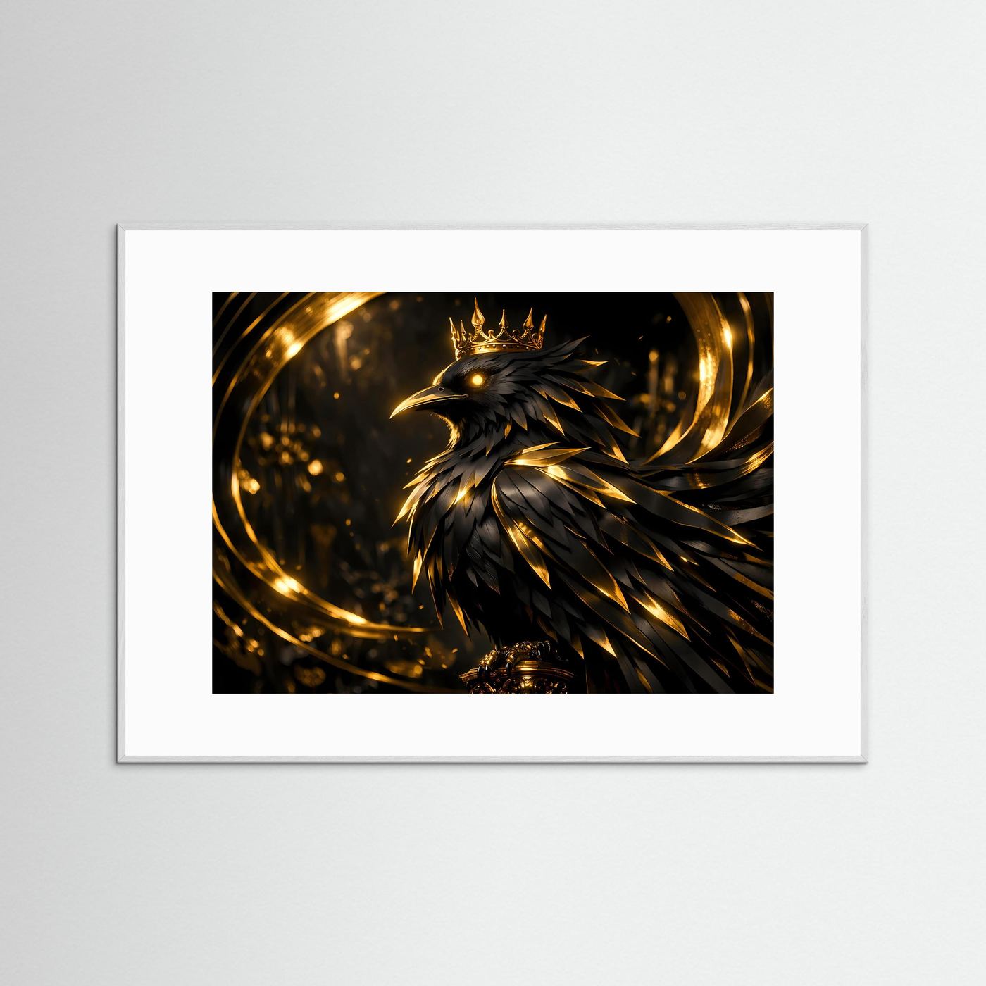 Majestätischer Rabe mit goldener Krone | Edles Fantasy Poster Querformat