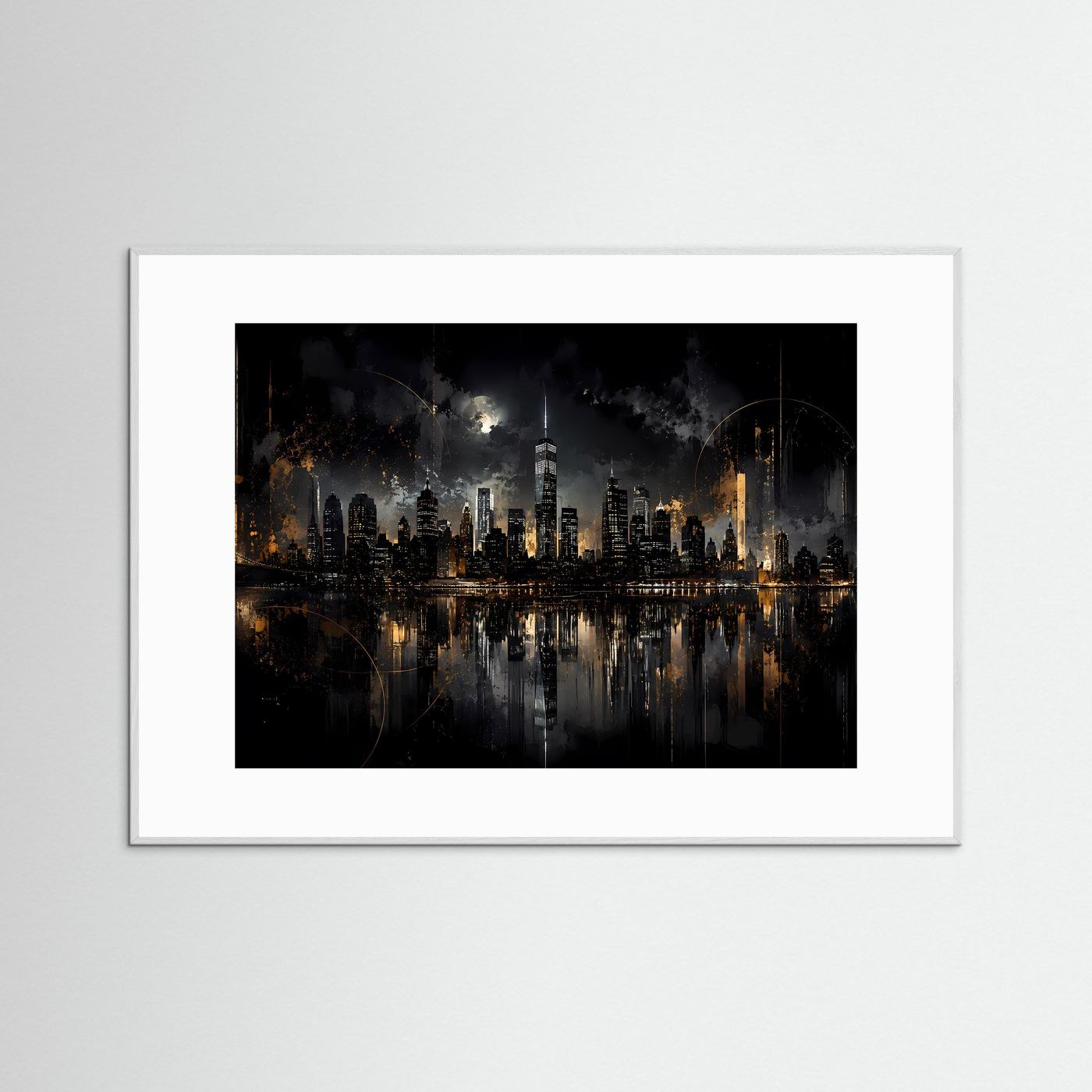 New York Skyline bei Nacht in Schwarz & Gold | Abstrakte City Wandkunst