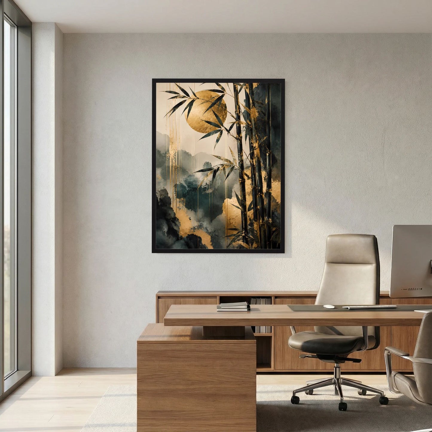 Wandbild-Poster mit abstraktem Bambusmotiv, goldene Highlights und dunkle Blauflächen, schwarzer Rahmen