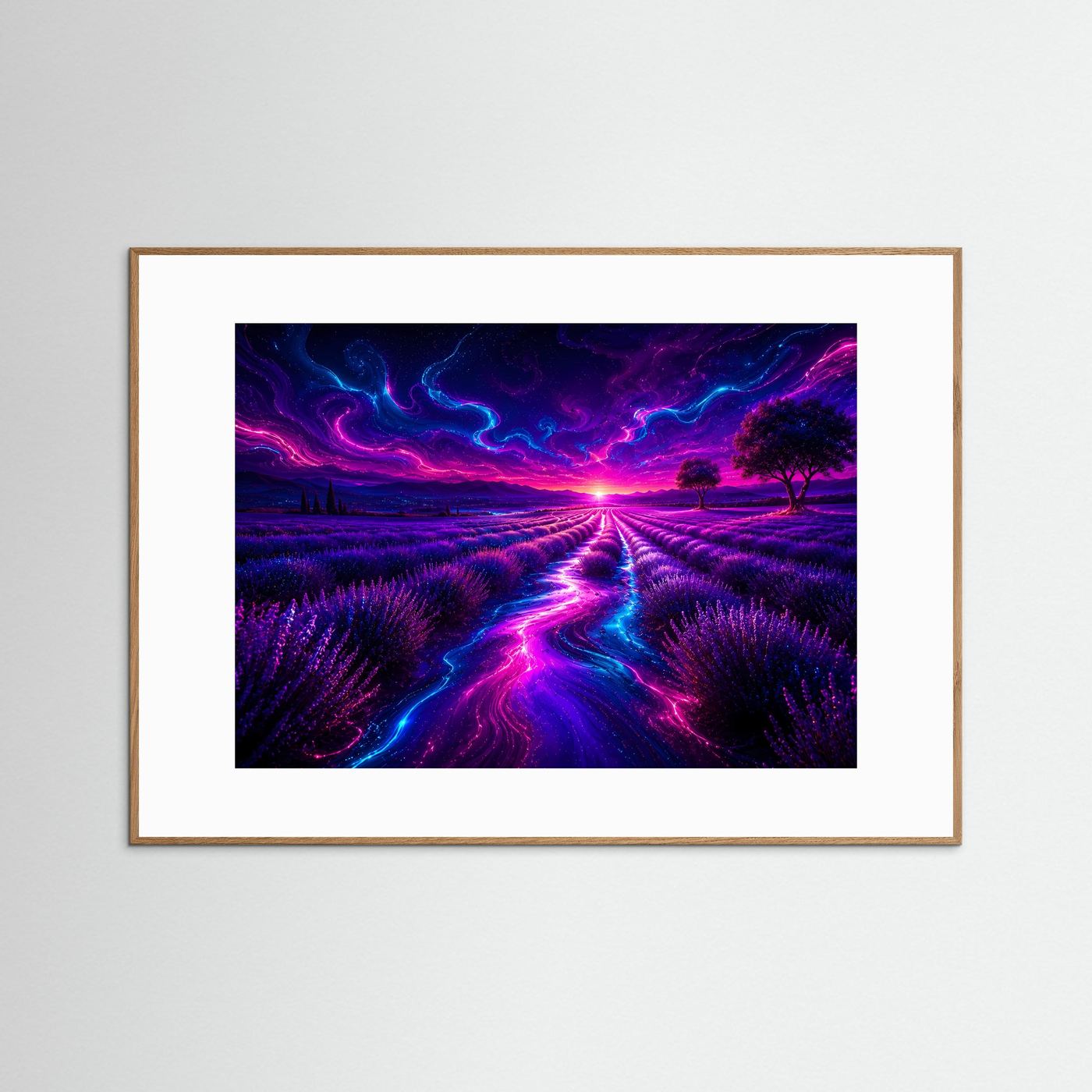 Lavendelfeld Neon Wandbild | Abstrakte Landschaft in Lila Blau Pink | Modernes Fantasy Leinwandbild | Leuchtendes Fine Art Poster | Surreale Wandkunst