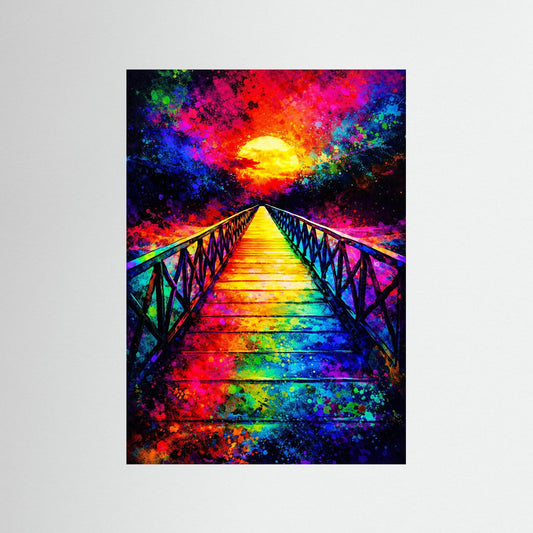 Leinwandbild abstrakte Brücke mit Regenbogenstufen und goldener Sonne, schwarzer Rahmen