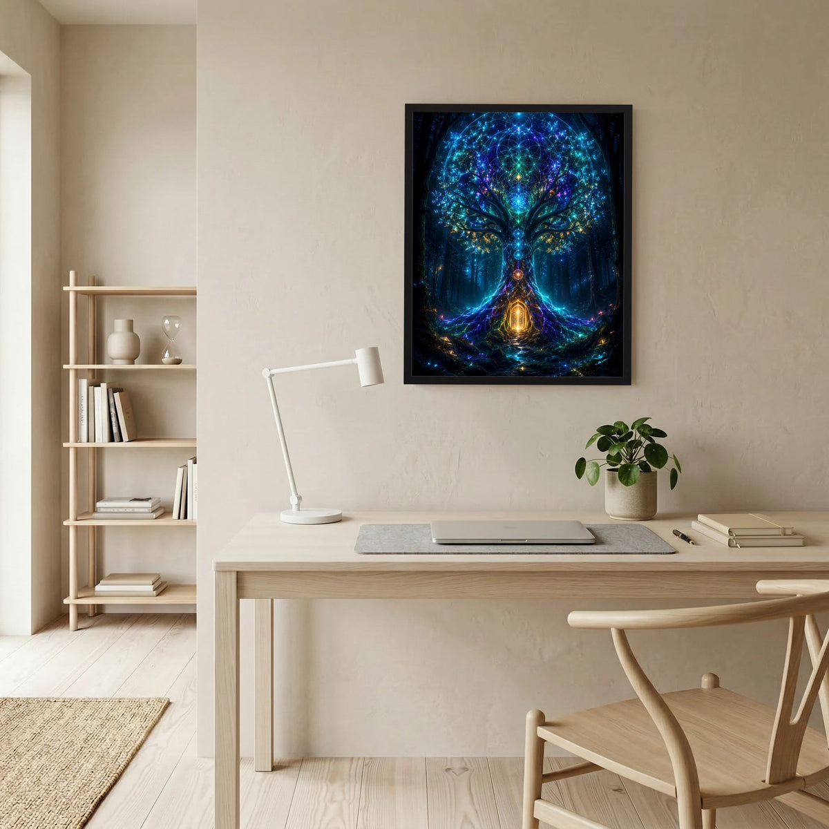 Wandposter im schwarzen Rahmen mit blau-grün leuchtendem Baum-Motiv