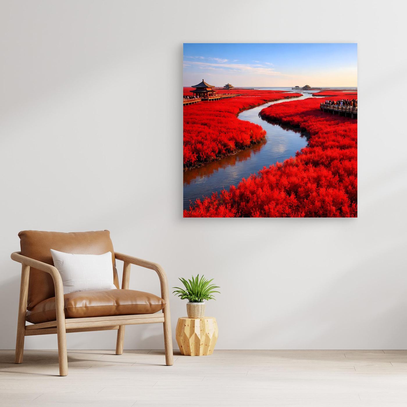 Leinwandbild mit rotem Fluss und intensiv roter Ufervegetation, ohne sichtbaren Rahmen.