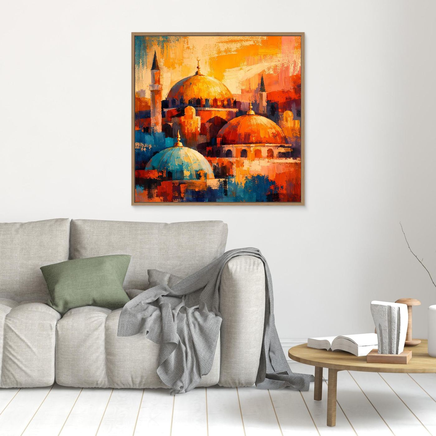Kleines Leinwandbild orientalische Moschee mit Kuppeln in Orange und Blau, brauner Rahmen