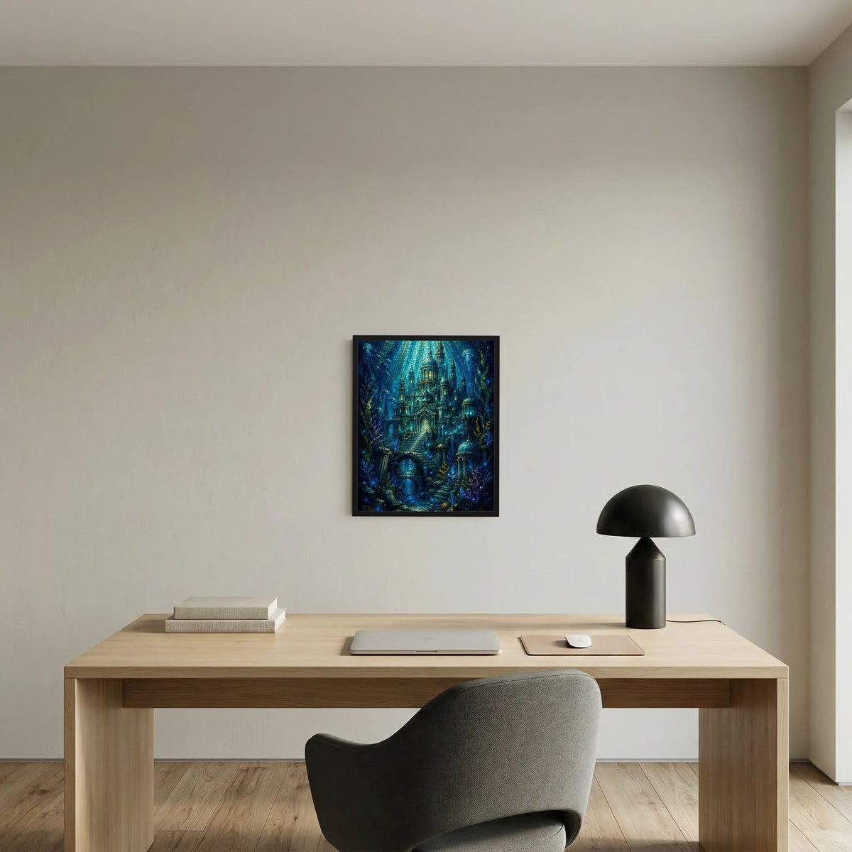 Gerahmtes Hochformat-Poster mit blauem Mosaikmotiv der Unterwasserstadt