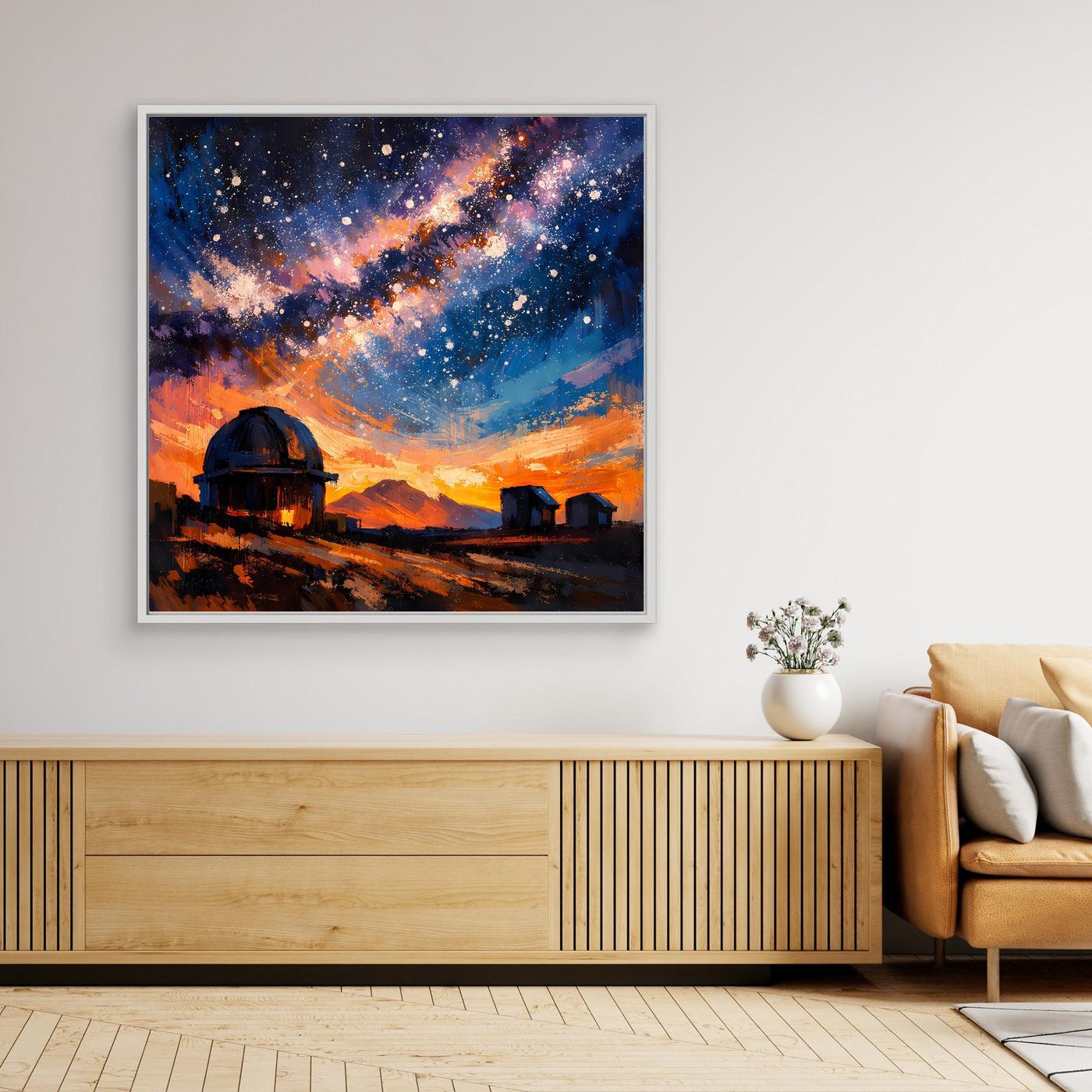Wandbild mit Milchstraßen-Galaxie und Sternenhimmel, weißer Rahmen