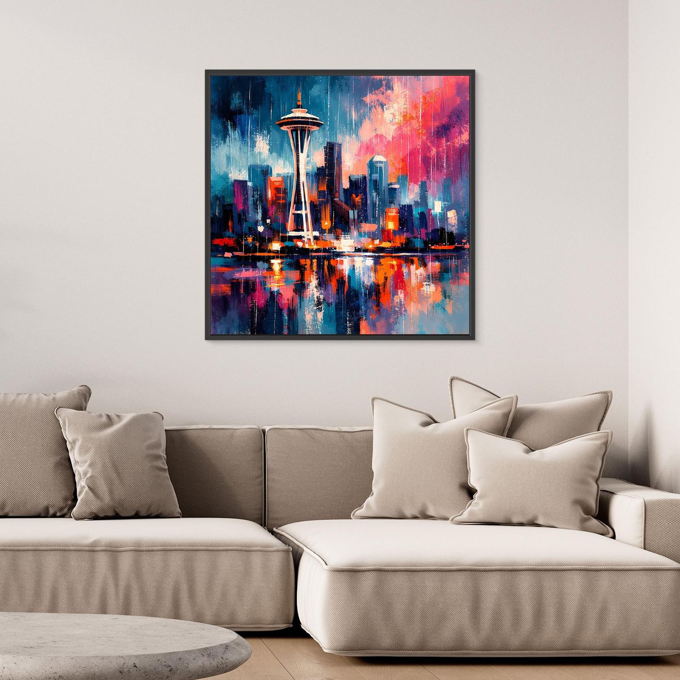 Leinwand-Wandbild mit Space Needle und Skyline bei Nacht, mit schwarzem Rahmen