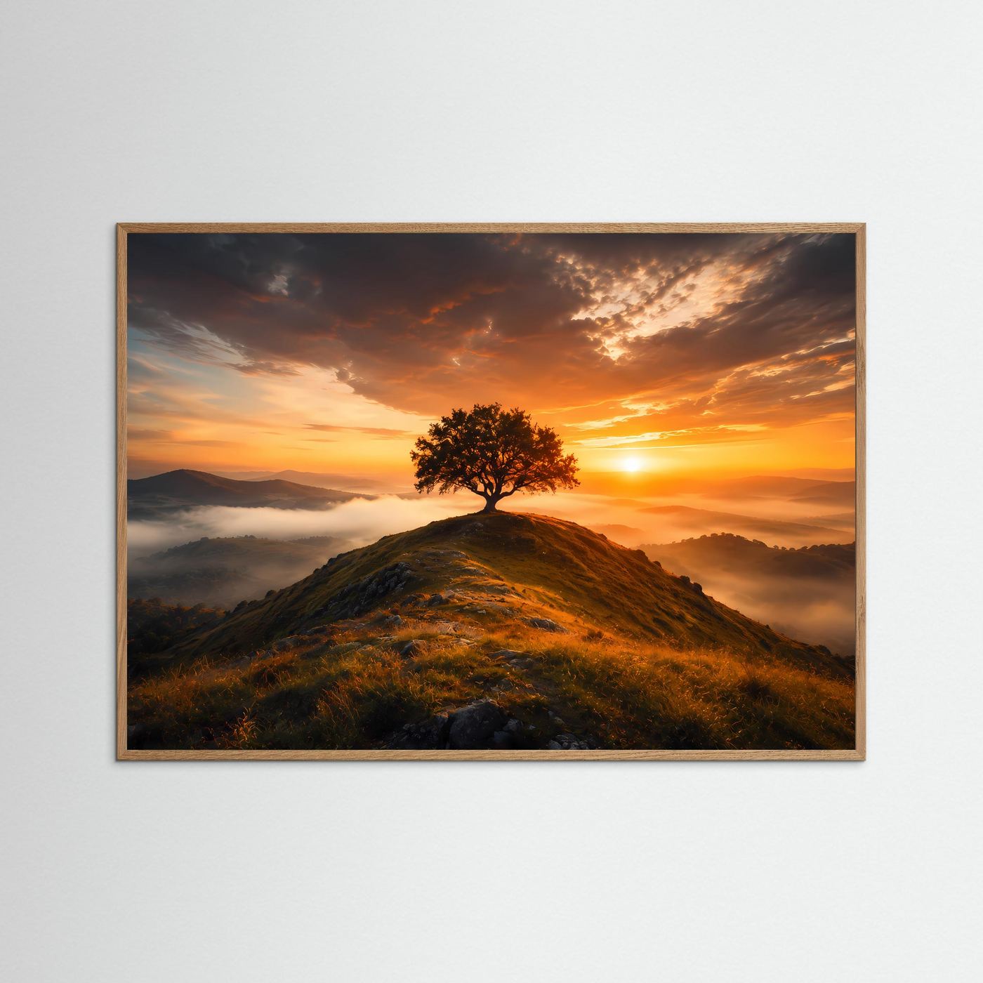 Landschaftsposter mit einsamem Baum auf Hügel, heller Eichenrahmen, Sonnenaufgang