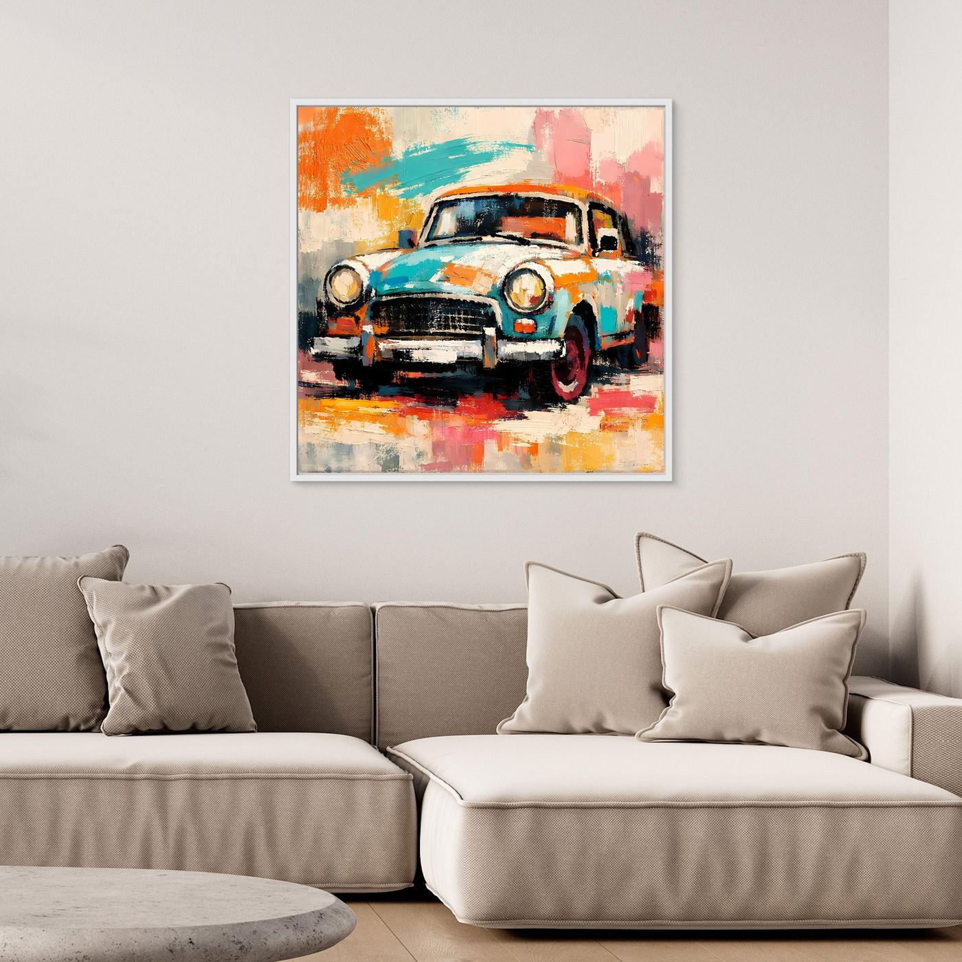 Abstract vintage car canvas wall art with white frame, colorful brushstrokes