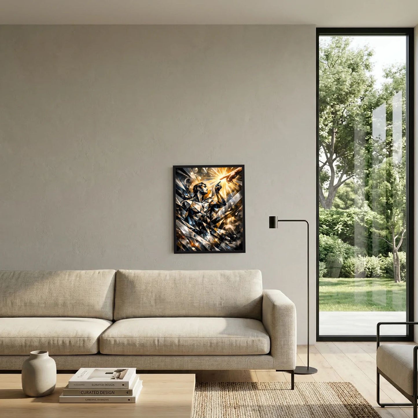 Gerahmtes Poster im Wohnraum, abstraktes Motiv mit goldenen Lichtstrahlen