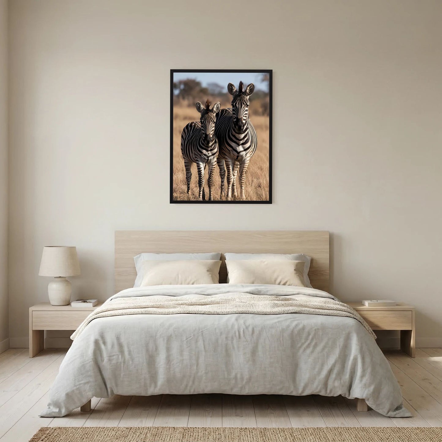 Poster mit Zebras (Mutter und Jungtier) im schwarzen Rahmen, hochformatig.