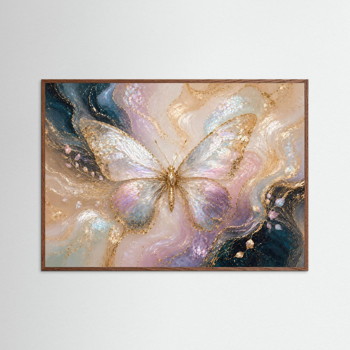 Wandkunst-Poster mit abstraktem Schmetterling in Pastellfarben und Goldakzenten, brauner Rahmen
