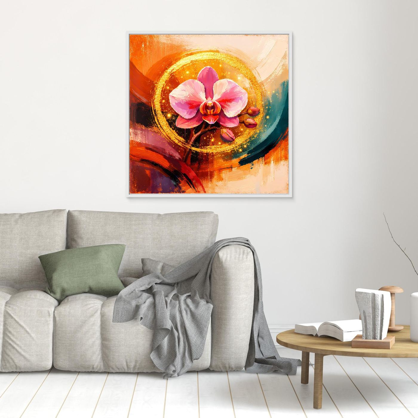 Gerahmtes Leinwandbild mit goldener Orchidee im Kreis, heller Rahmen
