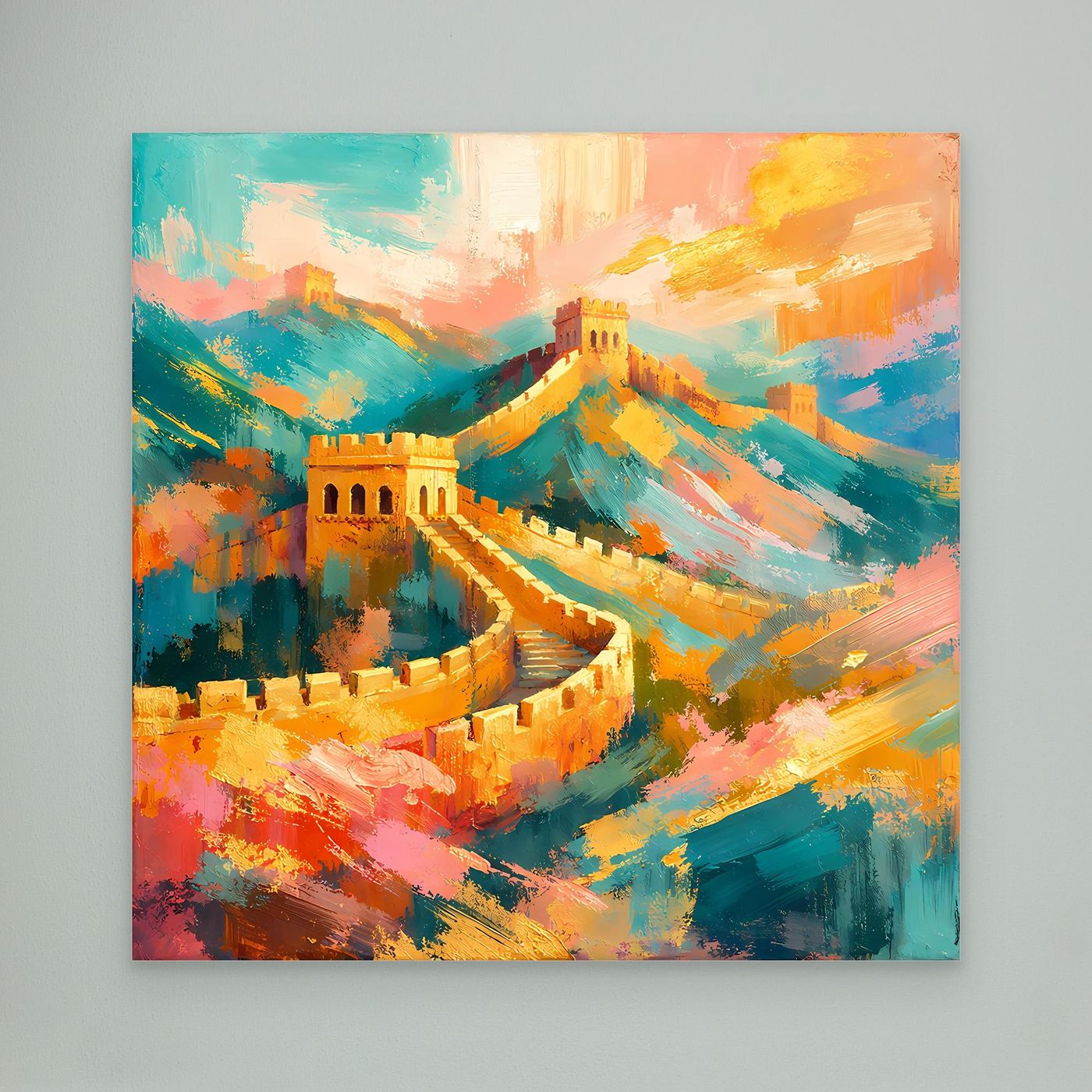Leinwandbild Chinesische Mauer abstrakt, bunte Ölgemälde-Optik