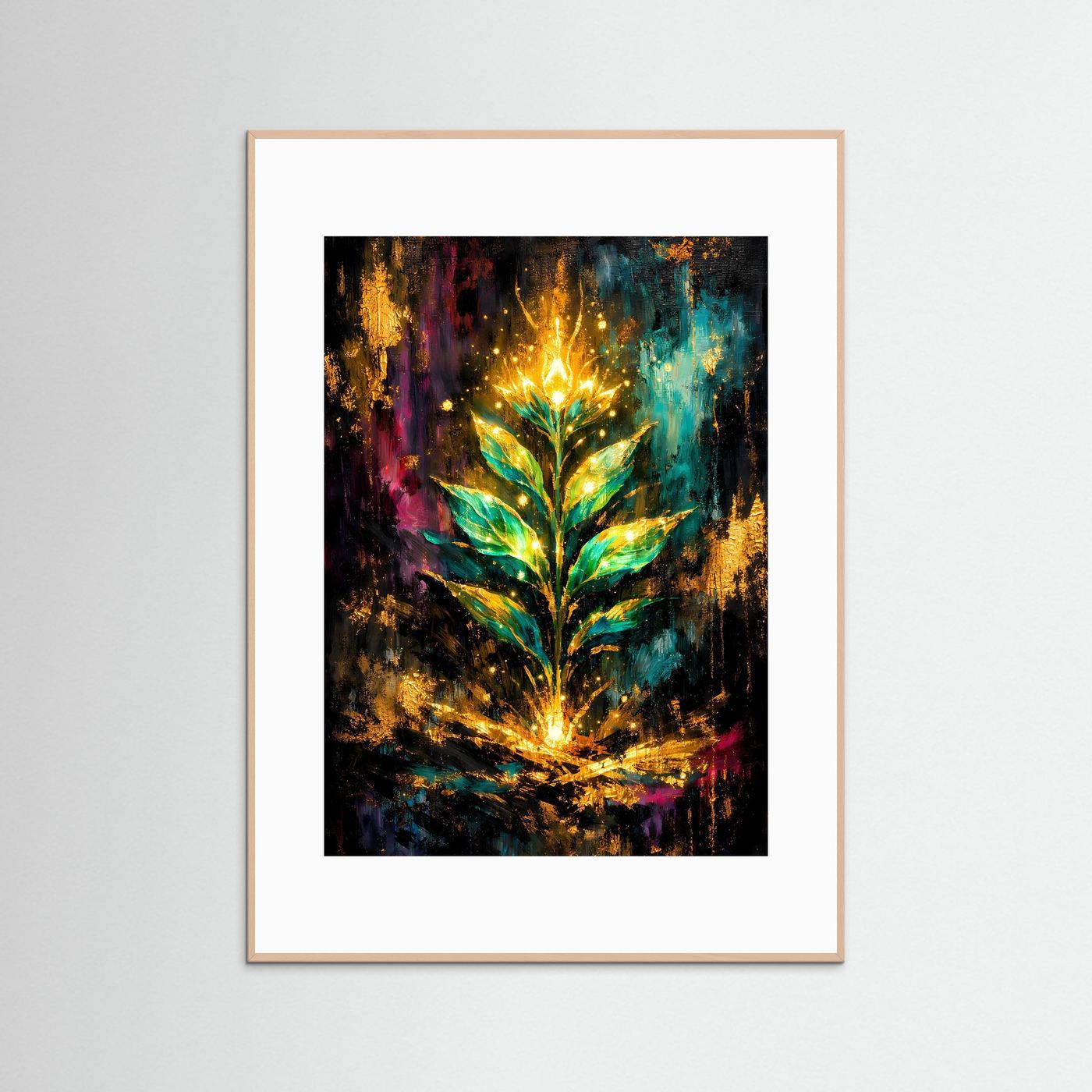 Poster im weißen Rahmen mit abstraktem botanischem Motiv in Gold-, Smaragd- und Purpurtönen