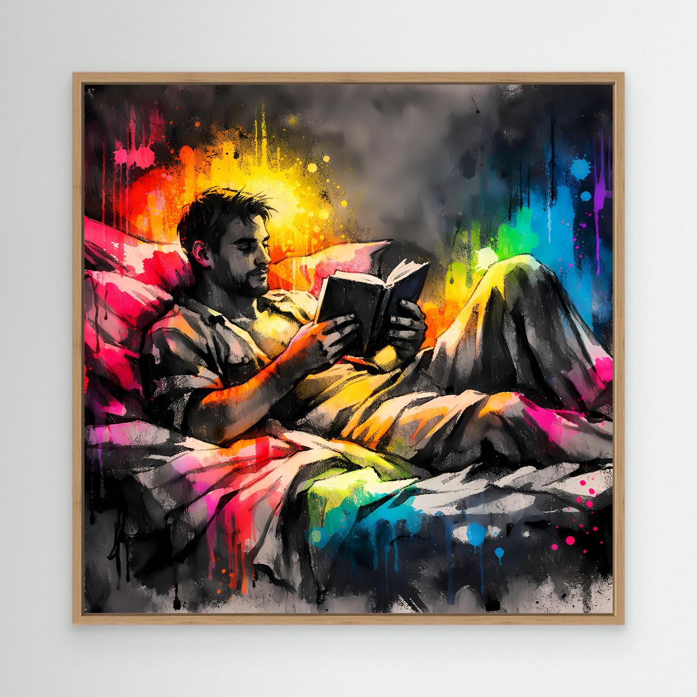 Leinwandbild mit lesendem Mann, bunte Farb-Akzente und Drips, Holzrahmen (Eiche)