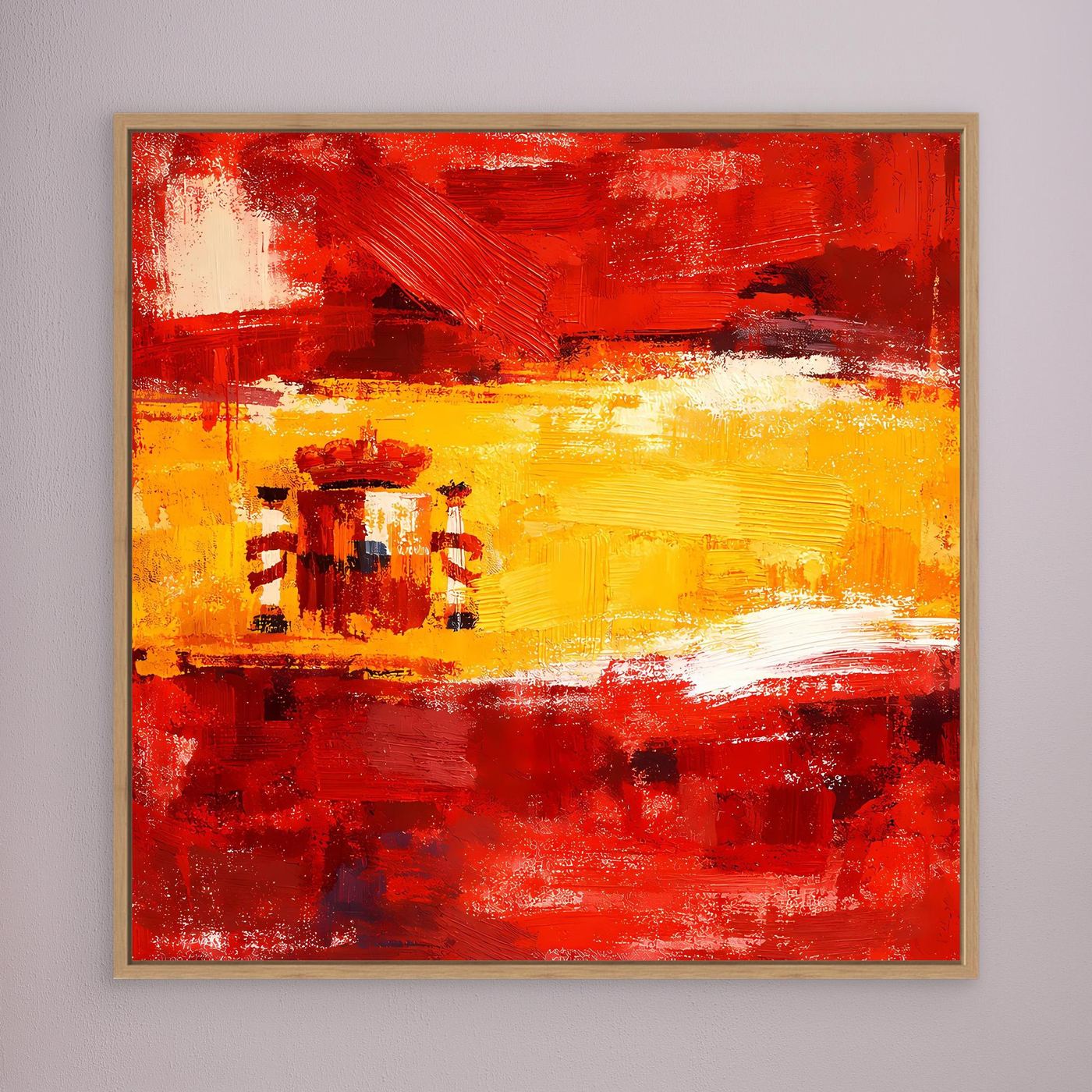 Framed abstract canvas wall art with red and yellow brushstroke flag design, wood frame