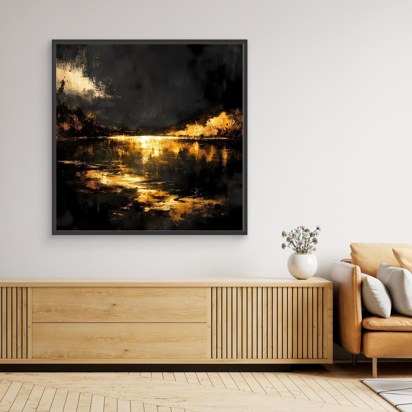 Leinwand Goldene Flusslandschaft bei Nacht | Abstraktes Natur Wandbild Moderne Kunst