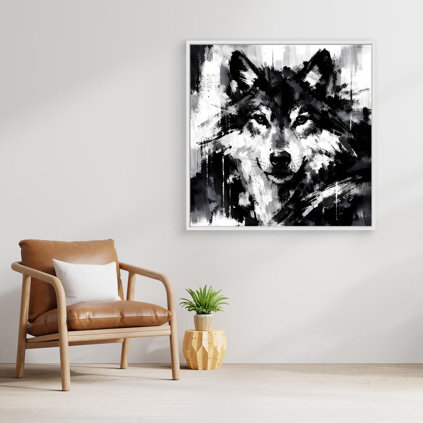 Leinwand-Wandbild mit abstraktem Wolf in Schwarzweiß, mit weißem Rahmen