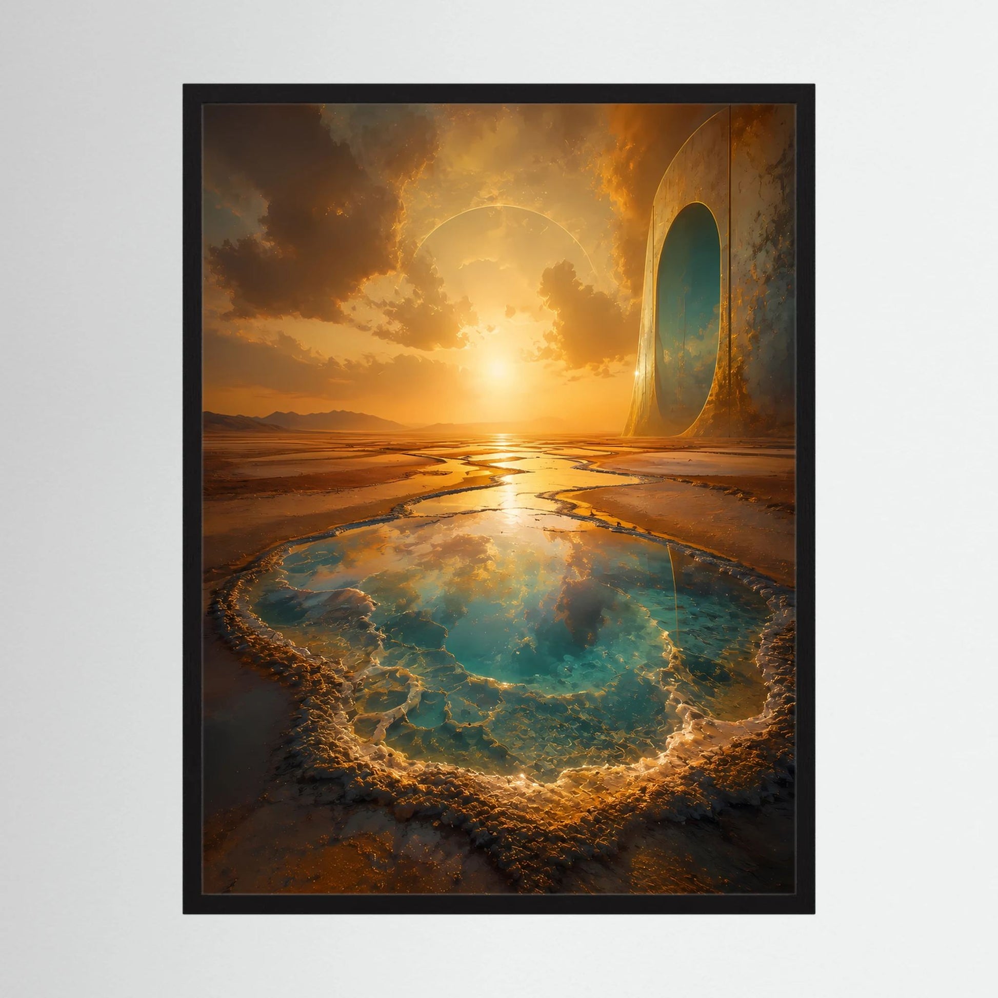 Poster im Hochformat mit schwarzem Rahmen, surreale Wüstenlandschaft mit türkisfarbener Quelle