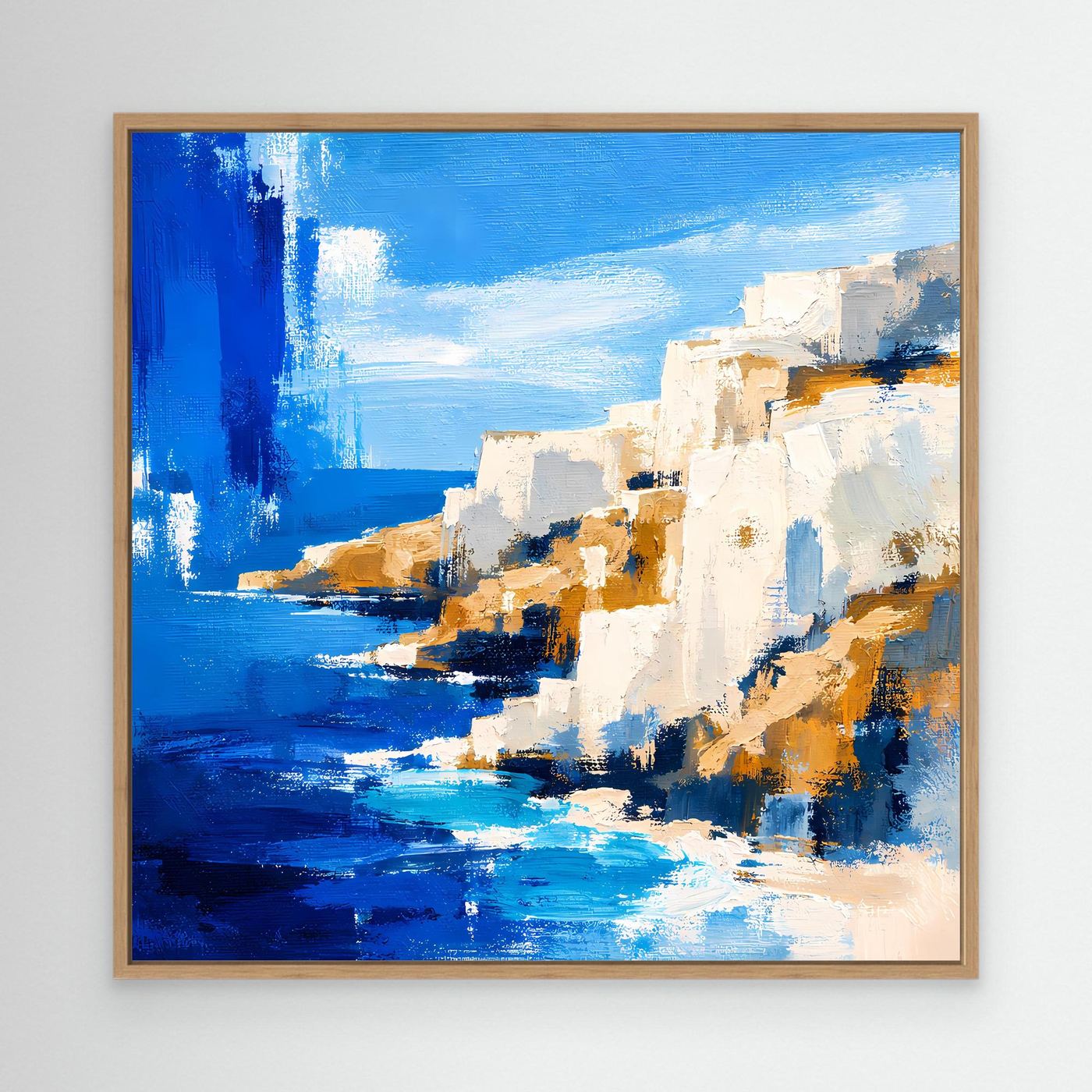 Abstraktes Leinwand-Wandbild mit Küstenmotiv, Eichenrahmen, Blau und Weiß, orange Akzente