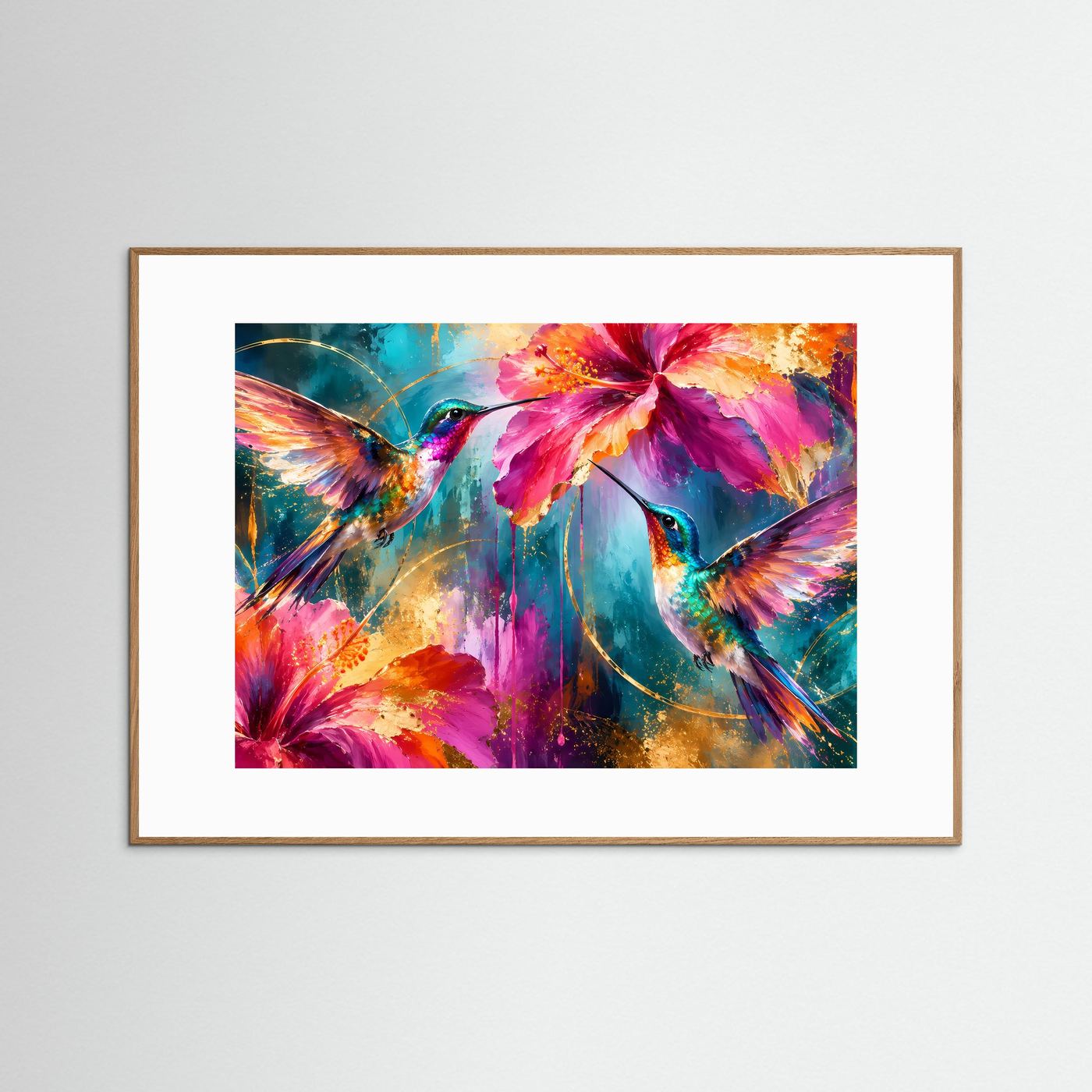 Kolibris & Hibiskusblüten in Pink & Türkis | Modernes Blumen-Poster mit Goldakzenten
