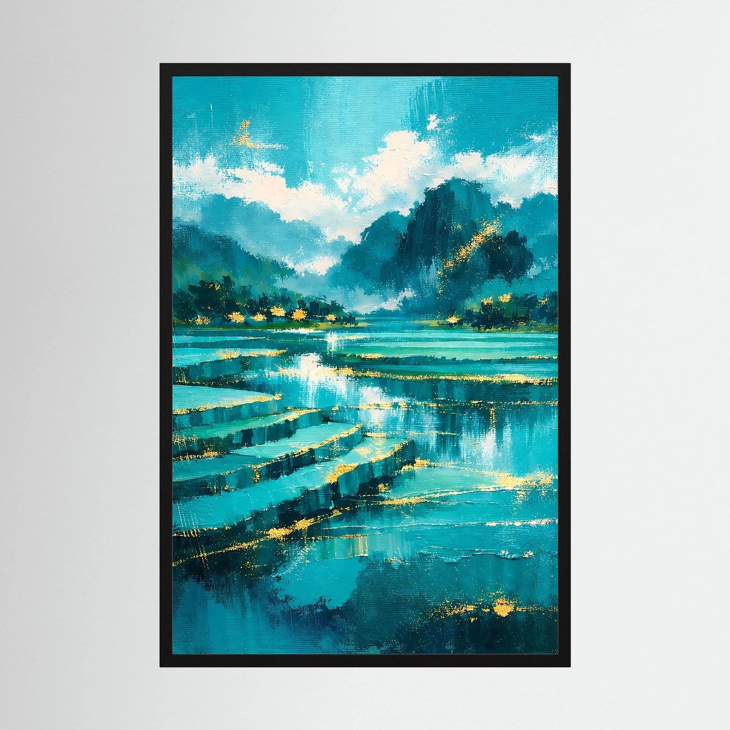 Hochformatiges Landschafts-Porträtposter mit türkisfarbenem Fluss und Bergen im Hintergrund.