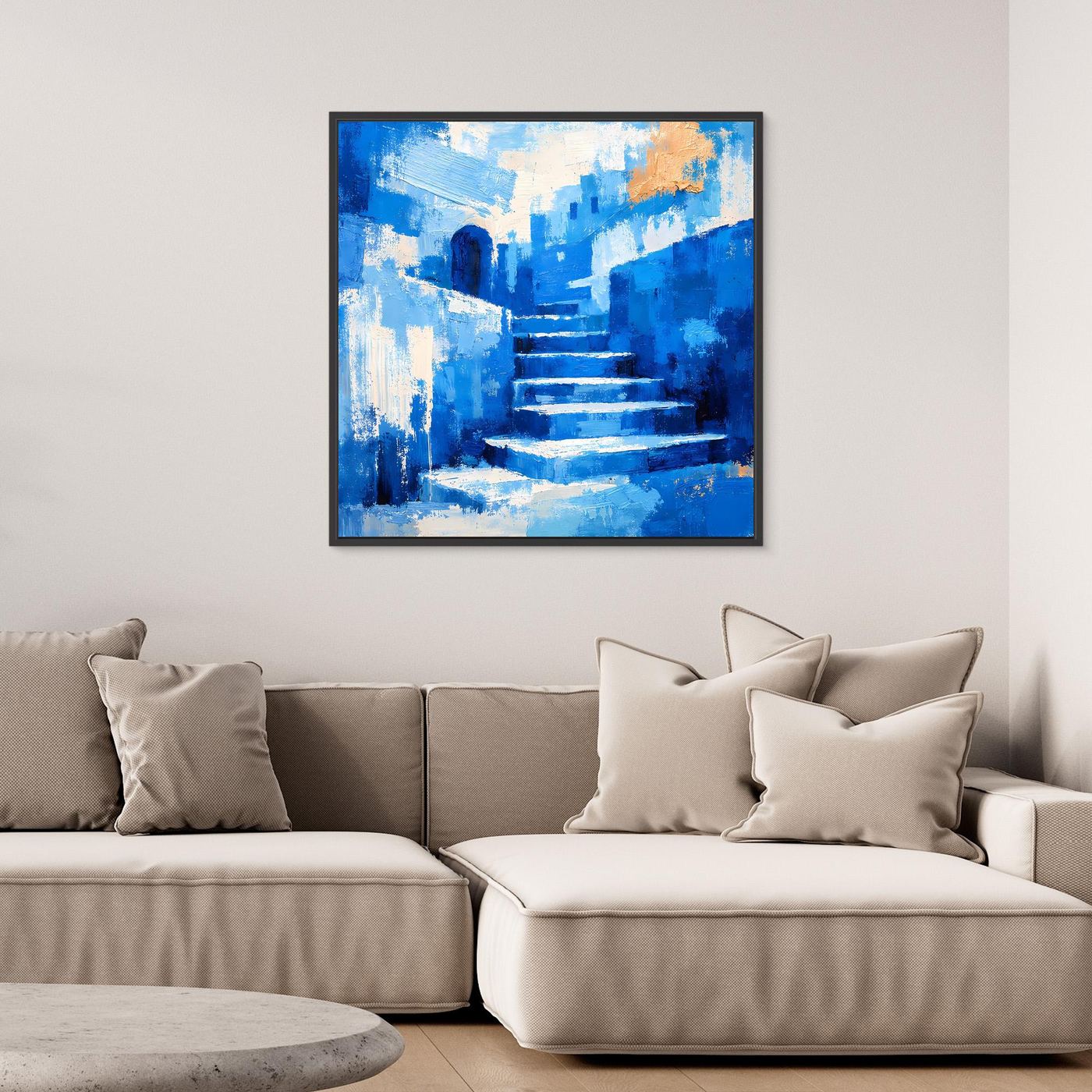 Abstraktes Leinwand-Wandbild mit blauem Treppenweg und dunklem Rahmen