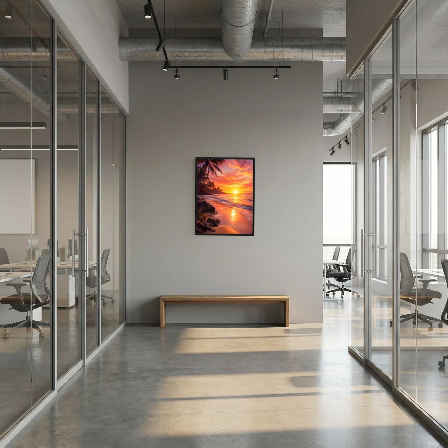 Poster im Hochformat mit Sonnenuntergang am Meer, Palmen und Küste, schwarz gerahmt