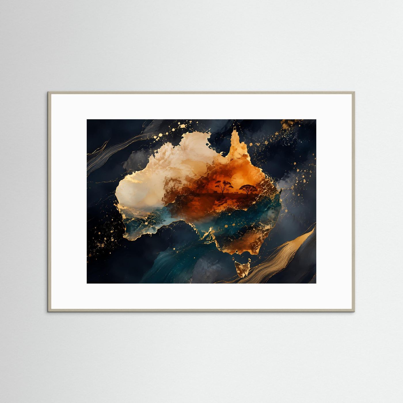 Kunstdruck im Querformat mit weißem Rahmen, abstraktes Motiv in Gold-Orange und Blau