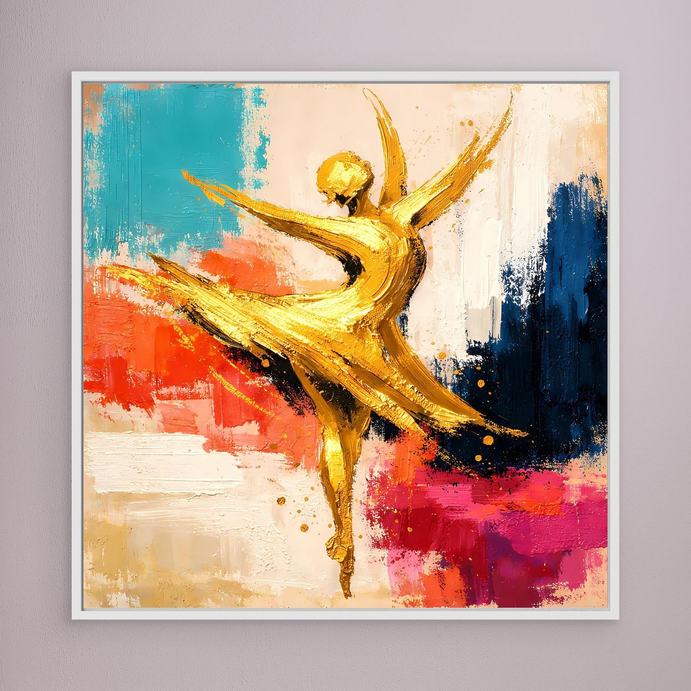 Wandbild Leinwand mit abstrakter goldener Tänzerin, Armen hoch, farbige Pinselstriche, weißer Rahmen