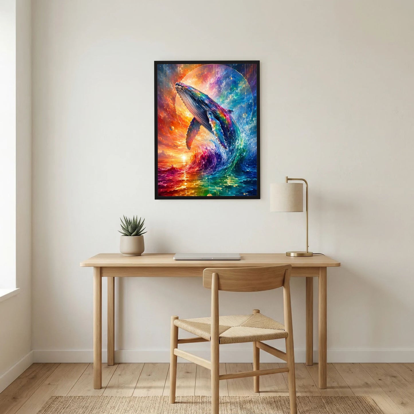 Hochformat-Poster mit abstraktem Walmotiv in Regenbogenfarben, schwarzer Rahmen