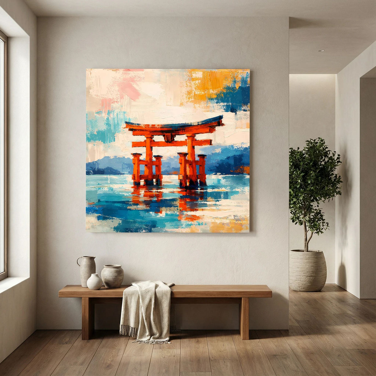 Abstraktes Leinwandbild: Torii-Tor in Orange mit bunten Pinselstrichen am Himmel