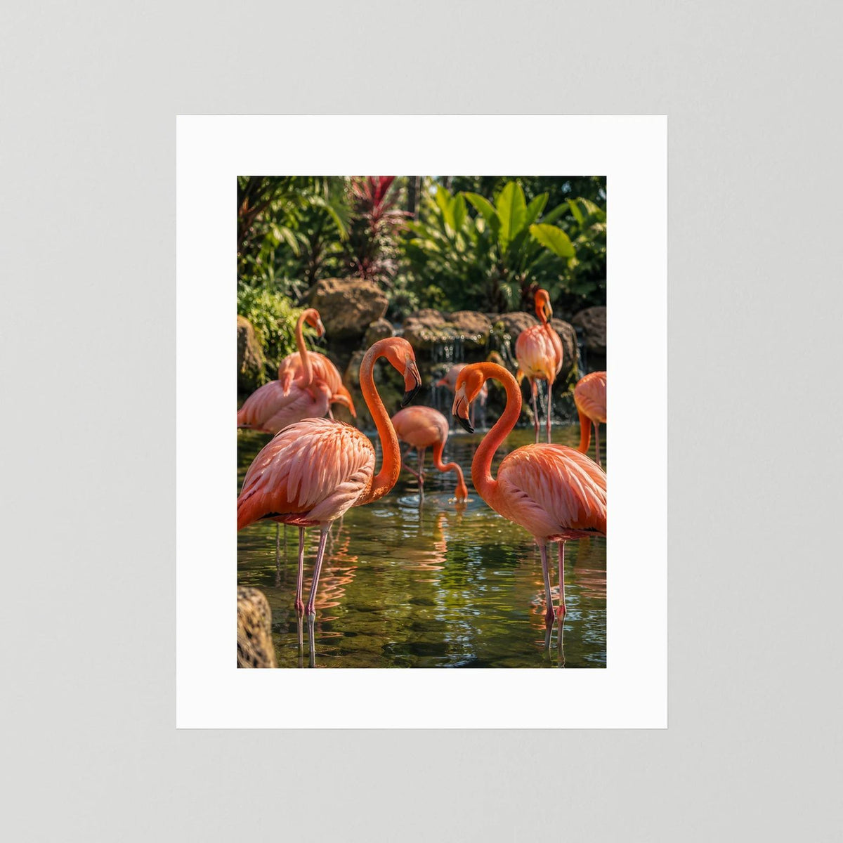 Poster mit rosa Flamingos am Wasser, weißer Passepartout ohne Rahmen