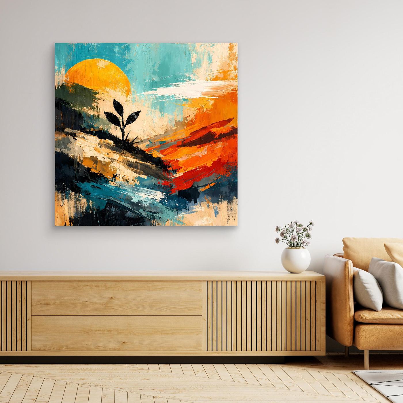 Leinwand-Wandbild mit Pflanzen-Silhouette und Sonnenkreis; im farbigen Farbverlauf