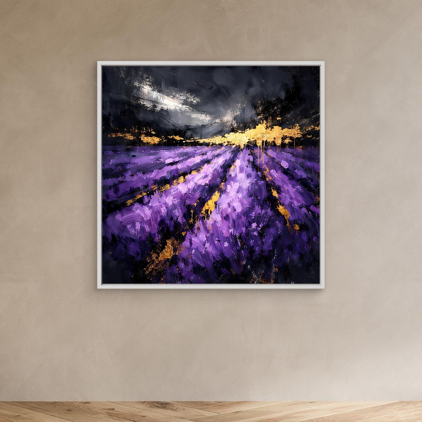 Leinwand Abstraktes Lavendelfeld in Lila und Gold | Modernes Natur Landschafts Wandbild