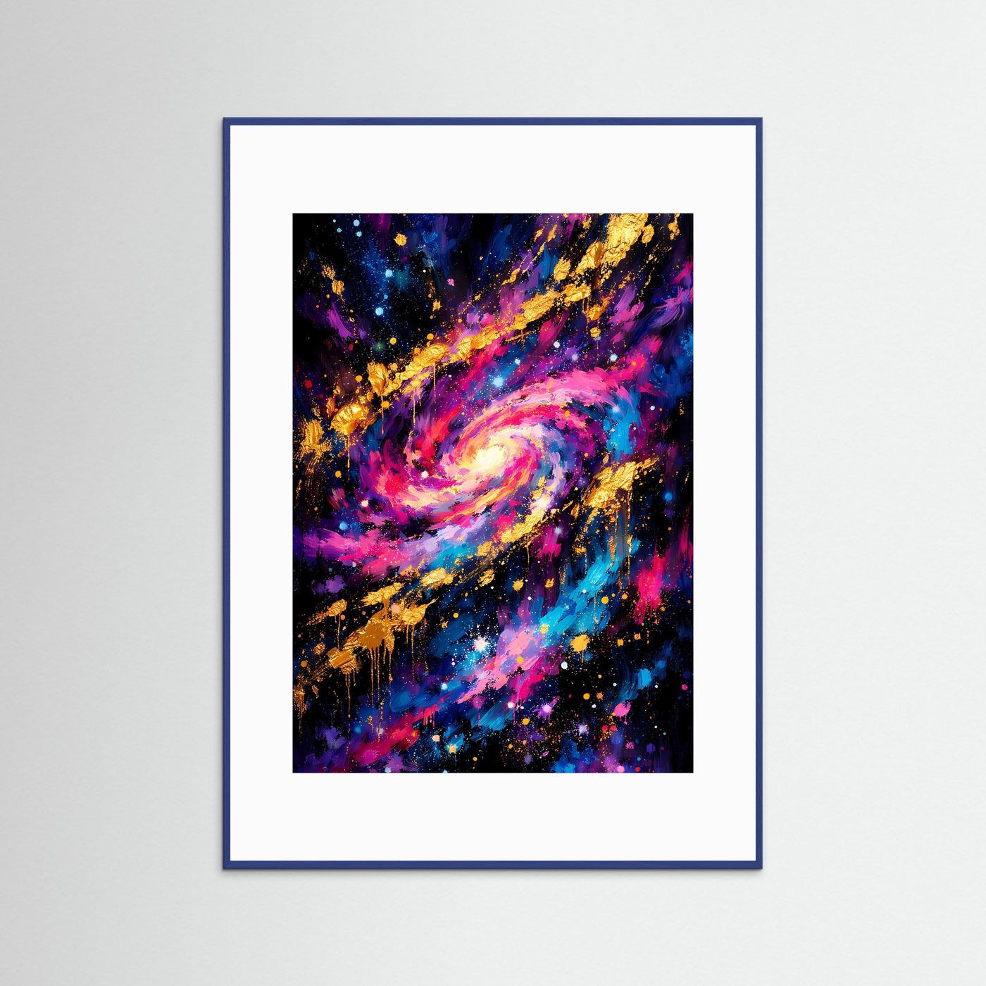 Gerahmtes Galaxie-Poster mit Neon-Farben und Gold-Akzenten, blaues Rahmenprofil