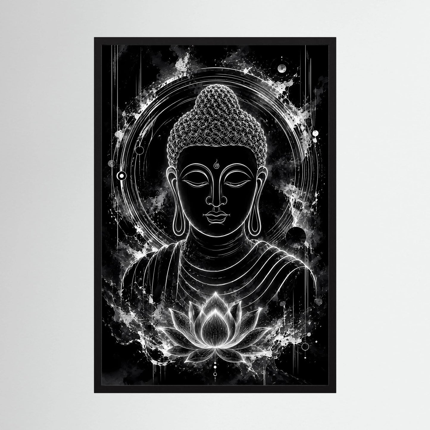 Hochformat-Poster mit Buddha-Gesicht, Lotusblüte und Lichtkreis, schwarz-weiß, schwarzer Rahmen