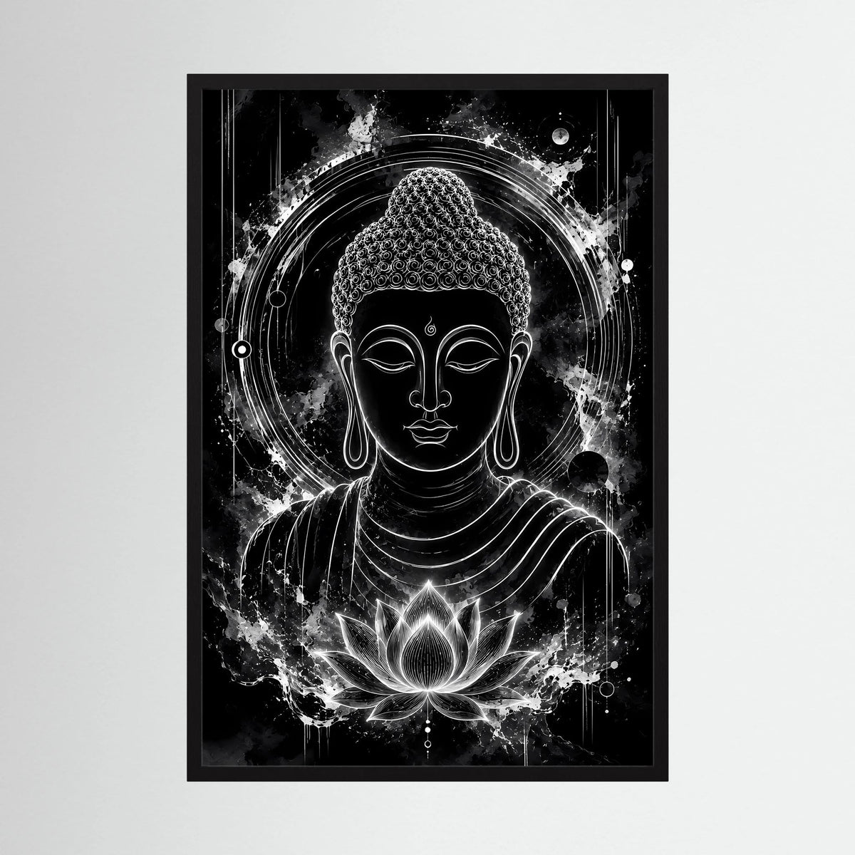 Hochformat-Poster mit Buddha-Gesicht, Lotusblüte und Lichtkreis, schwarz-weiß, schwarzer Rahmen