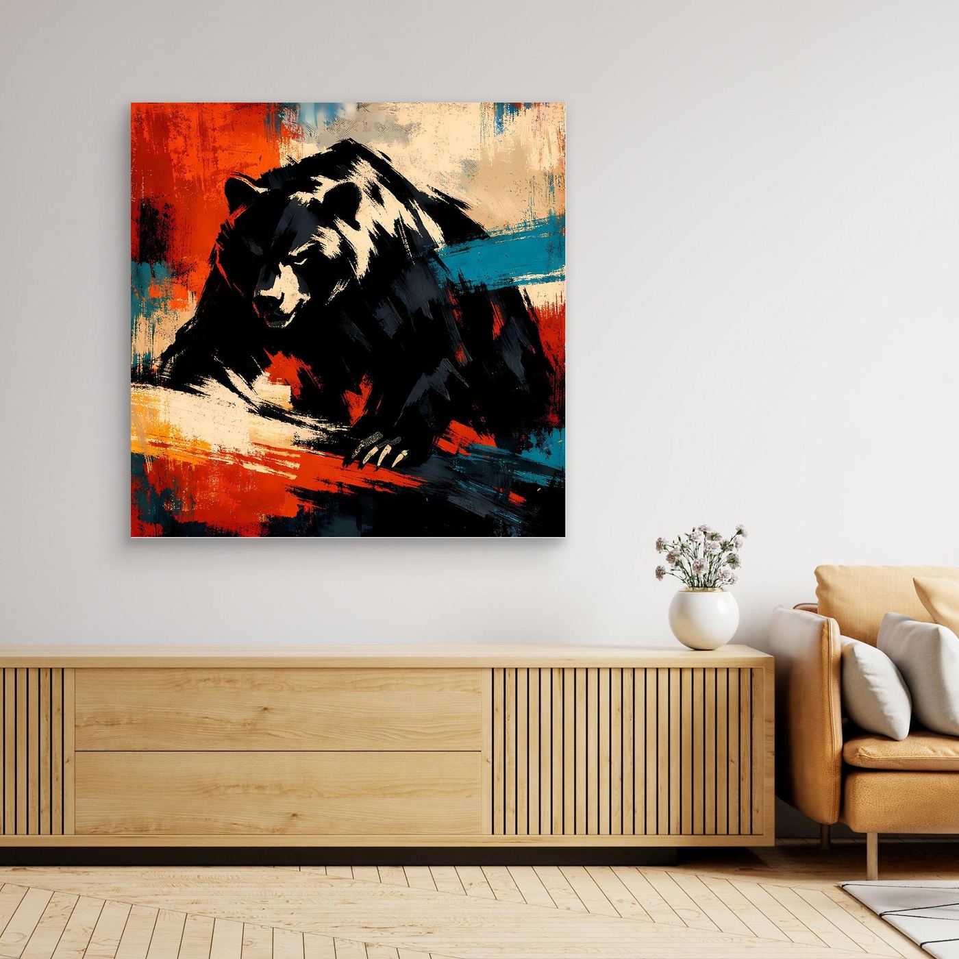 Abstraktes Leinwand-Wandbild mit Grizzlybär, kontrastreiche Farbflächen in Schwarz-Rot-Blau, gerahmt