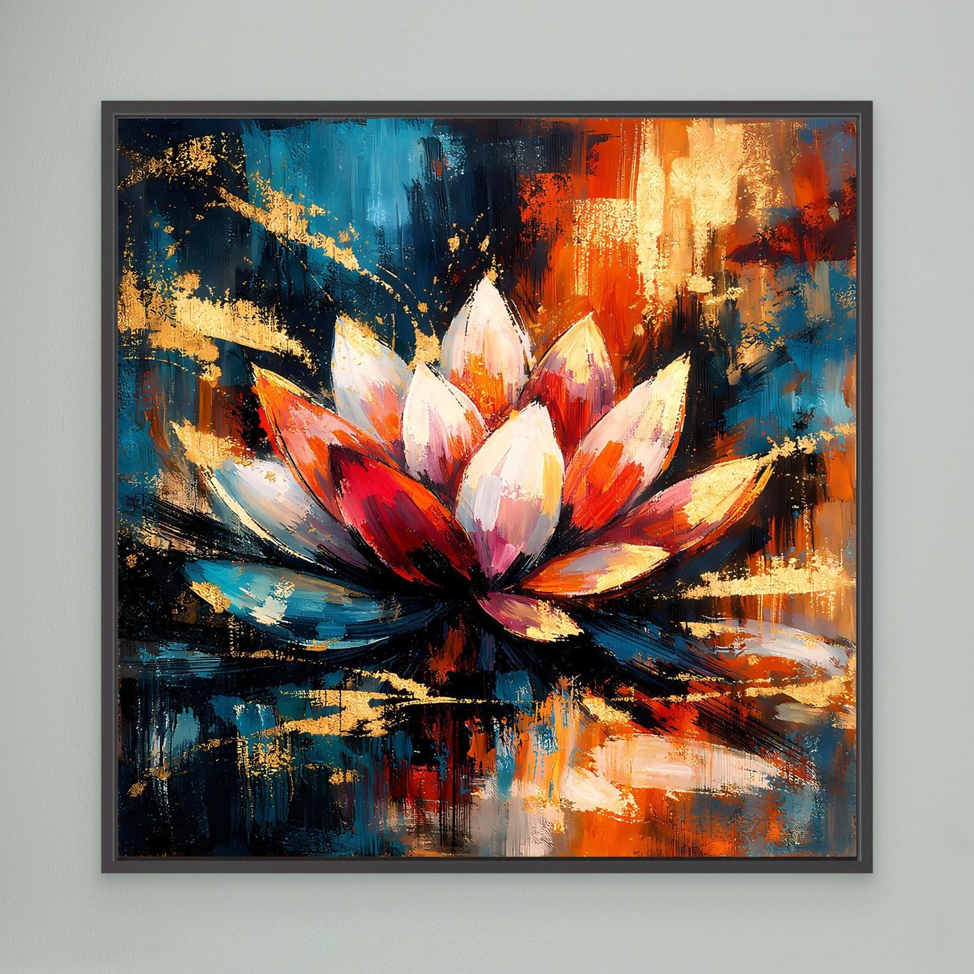 Leinwandbild mit abstrakter Lotusblüte, schwarz gerahmt, Rot-, Blau- und Goldtöne