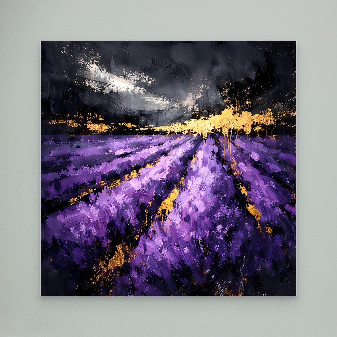 Leinwand Abstraktes Lavendelfeld in Lila und Gold | Modernes Natur Landschafts Wandbild