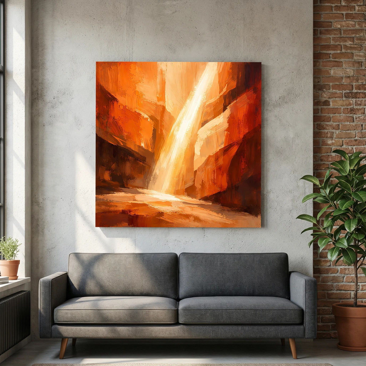 Gerahmtes Leinwandbild: rot-orange Felslandschaft mit zentriertem Lichtstrahl