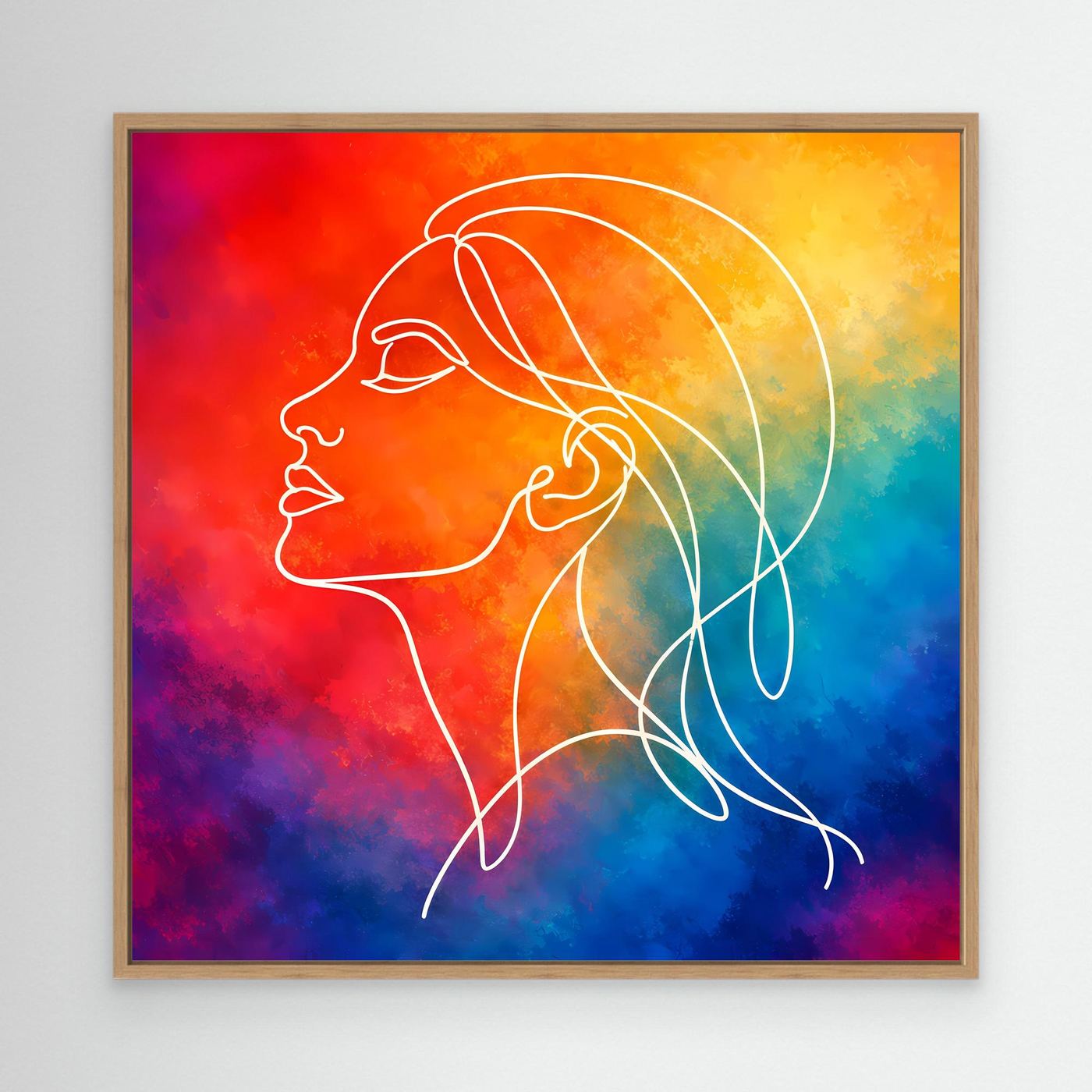 Leinwandbild Frauen-Silhouette in Line Art, buntes Aquarell, Holzrahmen Eiche
